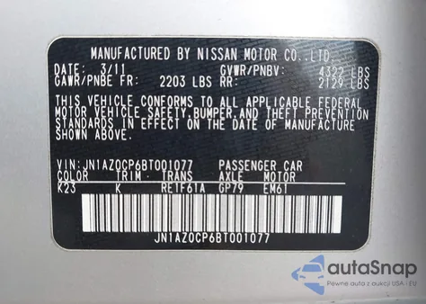 2011 Nissan Leaf Sl z USA, uszkodzony, nr VIN JN1AZ0CP6BT001077